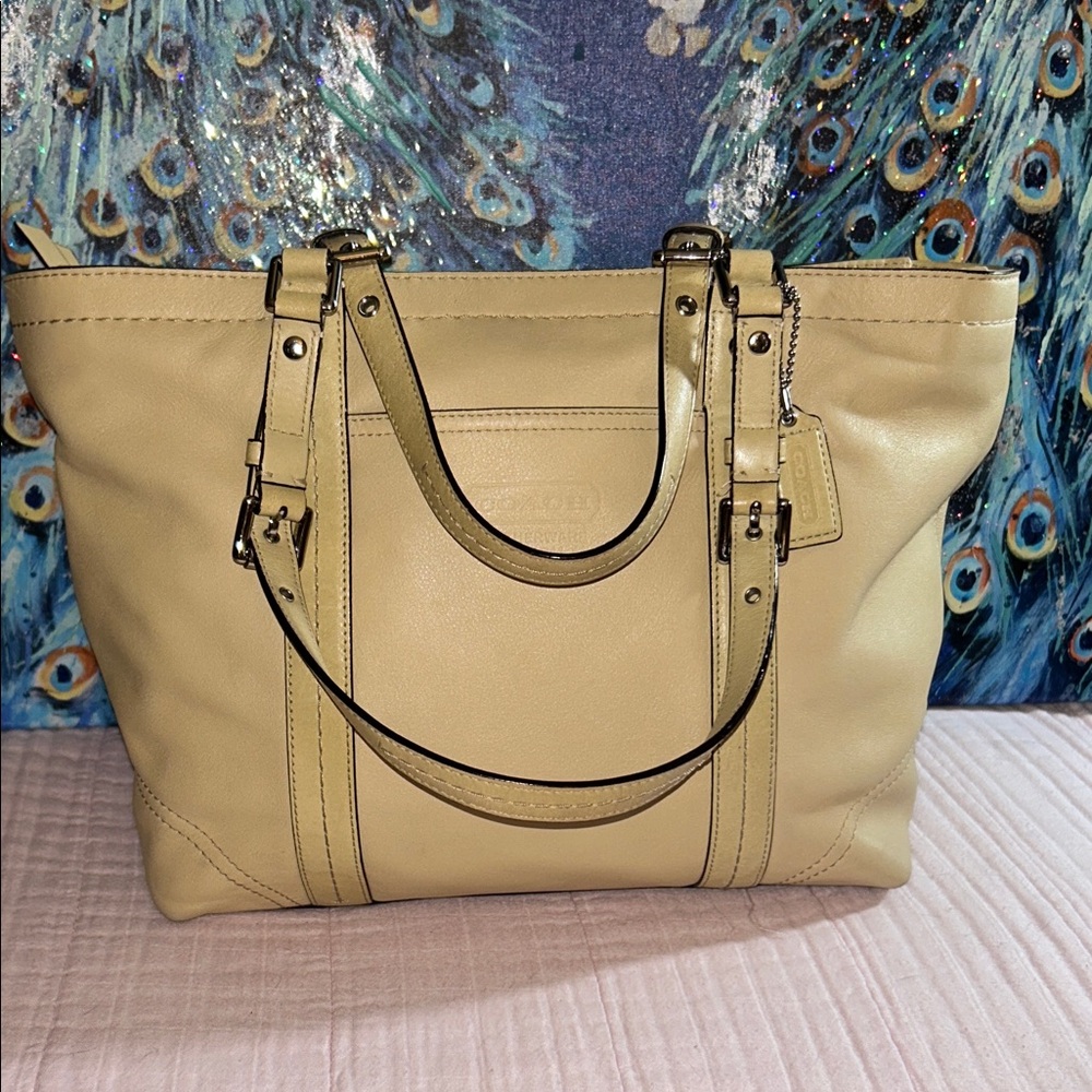Vintage Coach Pale Yellow Beige Leather Double Handle Shoulder Bag